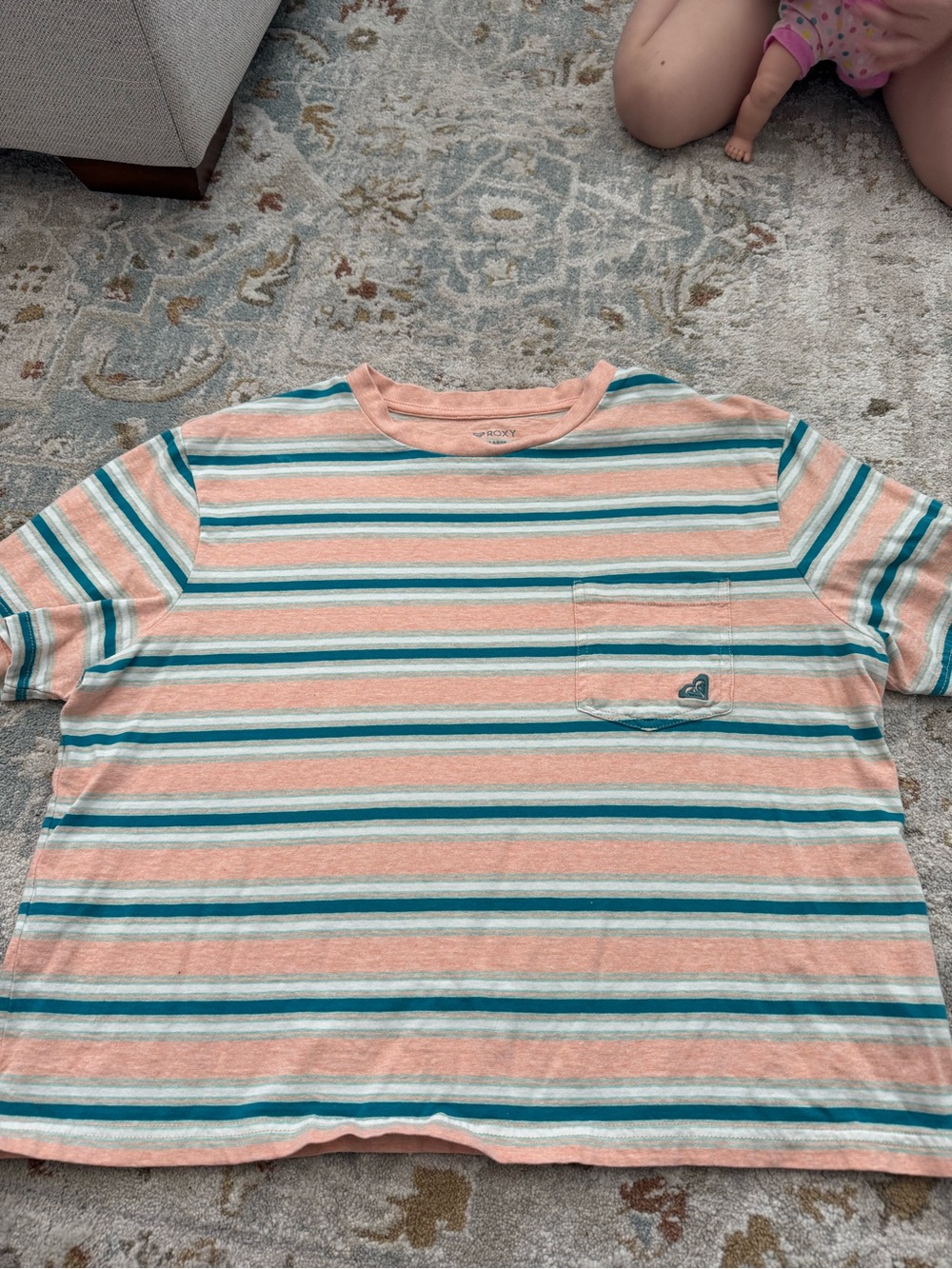 Roxy Peach, Teal & White Striped Crew Tee